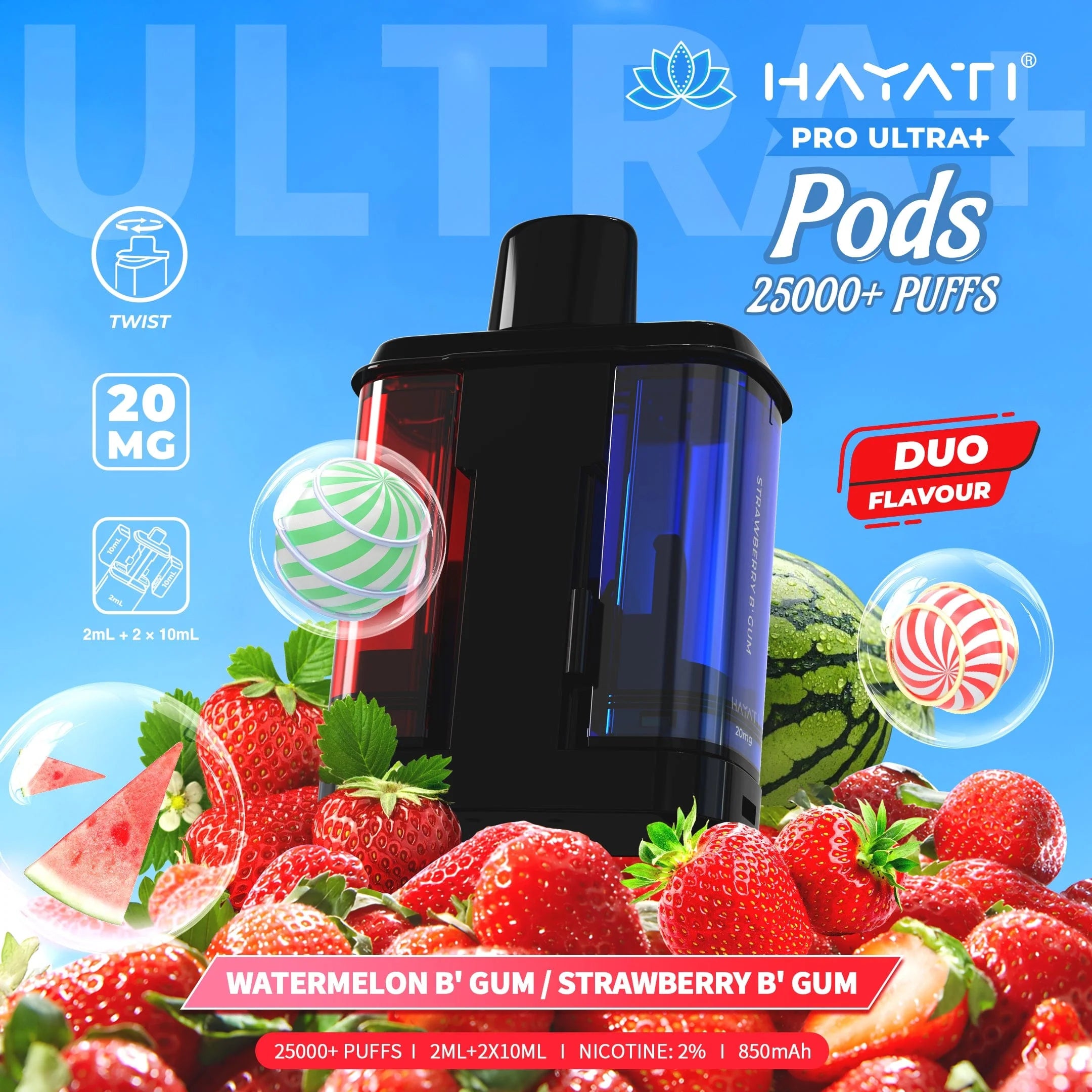 Hayati Pro Ultra+ vape pod with fruit-themed design on a blue background