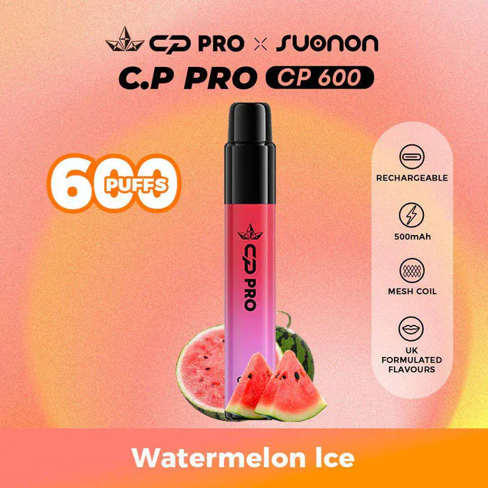 C.P Pro CP 600 vape device with watermelon ice flavor on a gradient background