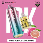 Pyne Pod Click vape device and bottle on a pink background with 'Pink Purple Lemonade' flavor text.