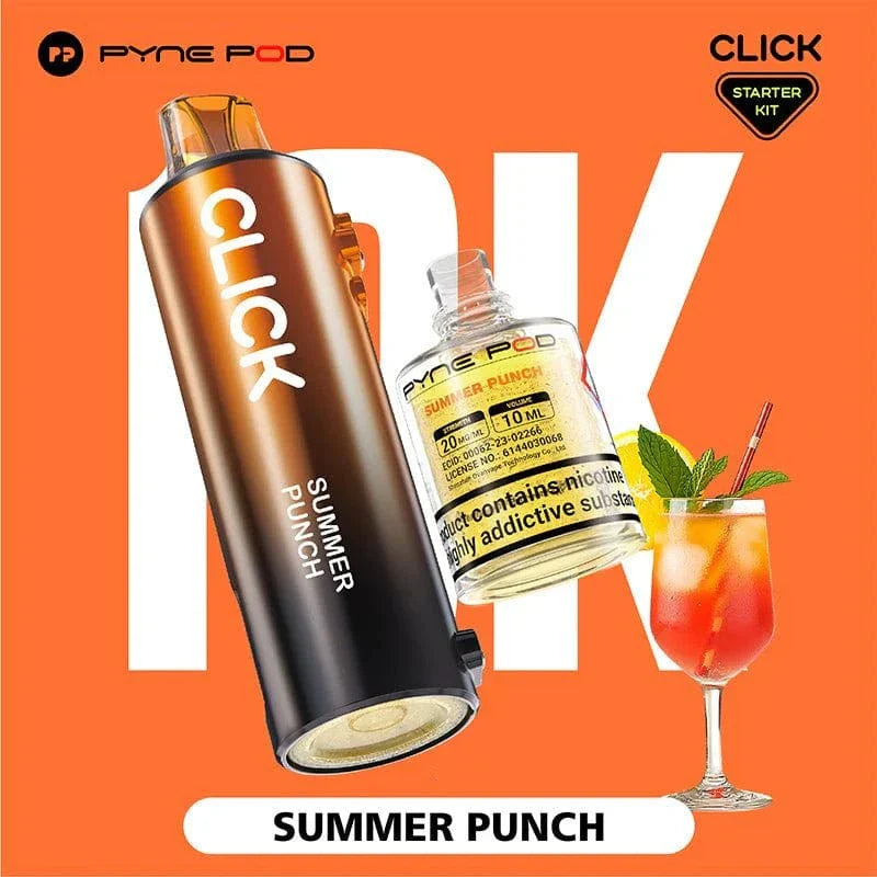Pyne Pod Click starter kit with summer punch flavor on an orange background