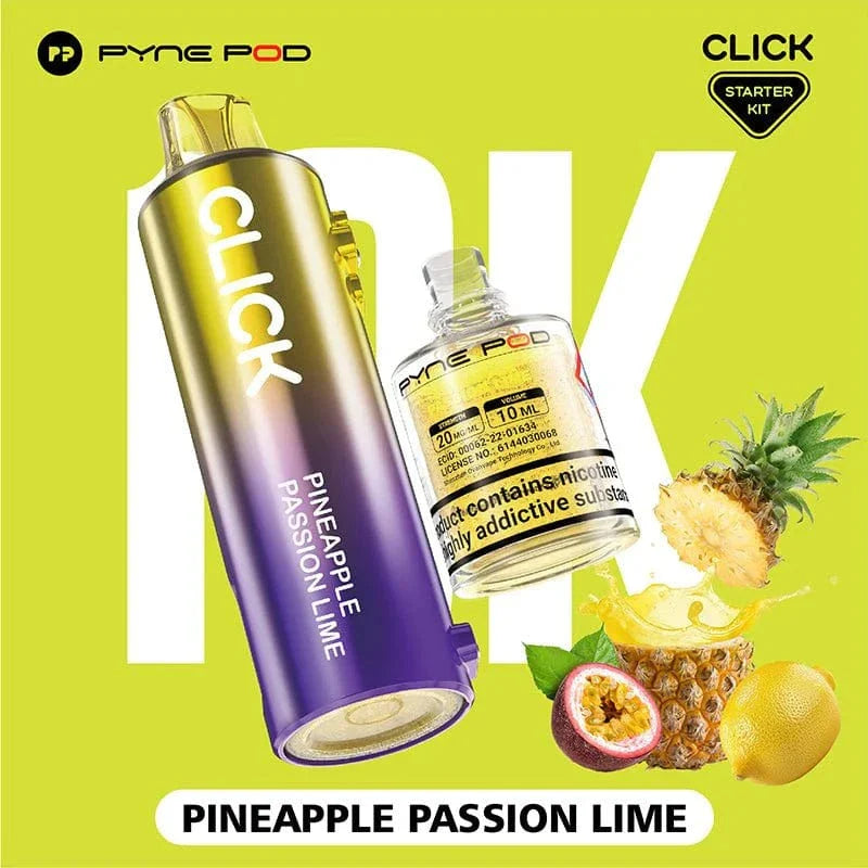 Pyne Pod Click vape starter kit with pineapple passion lime flavor on a green background