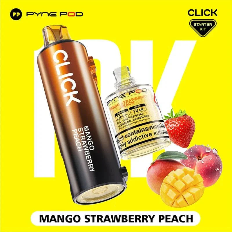 Pyne Pod Click vape starter kit with mango strawberry peach flavor on a yellow background