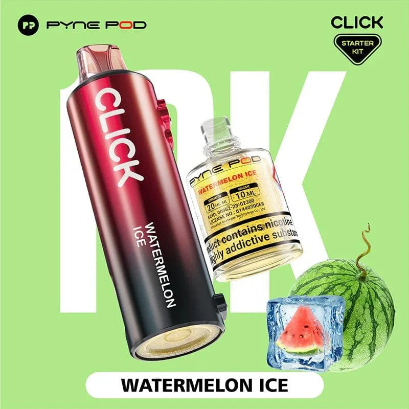 Pyne Pod Click Starter Kit with watermelon ice flavor on a green background