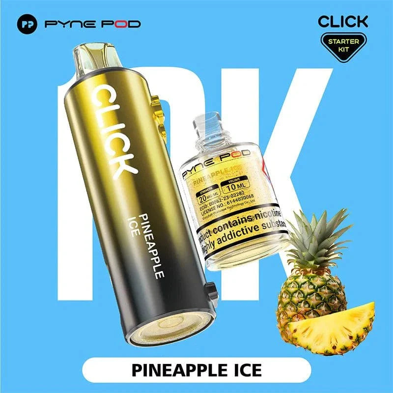 Pyne Pod Click starter kit with pineapple ice flavor on a blue background