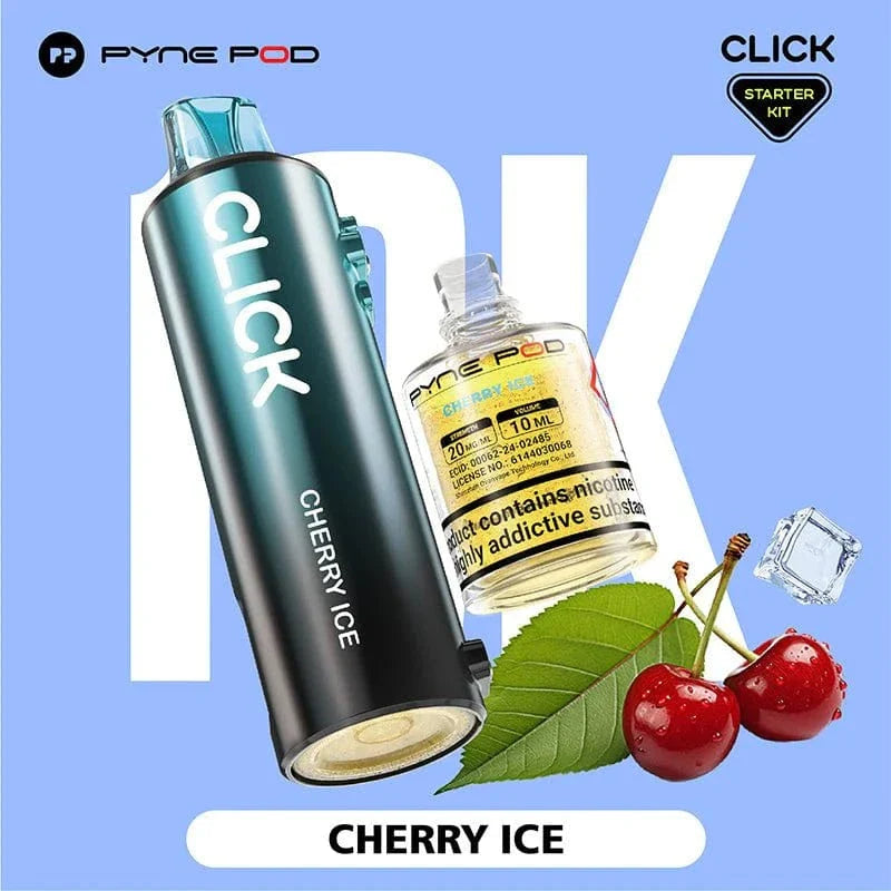 Pyne Pod Click vape device with cherry ice flavor on a blue background