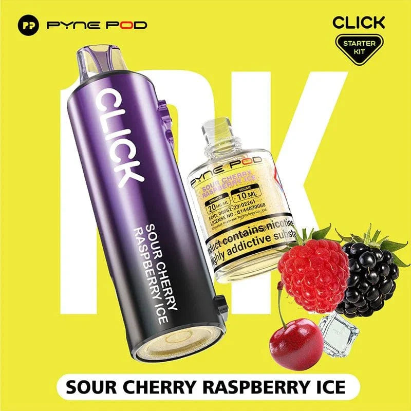 Pyne Pod Click vape starter kit with sour cherry raspberry ice flavor on a yellow background