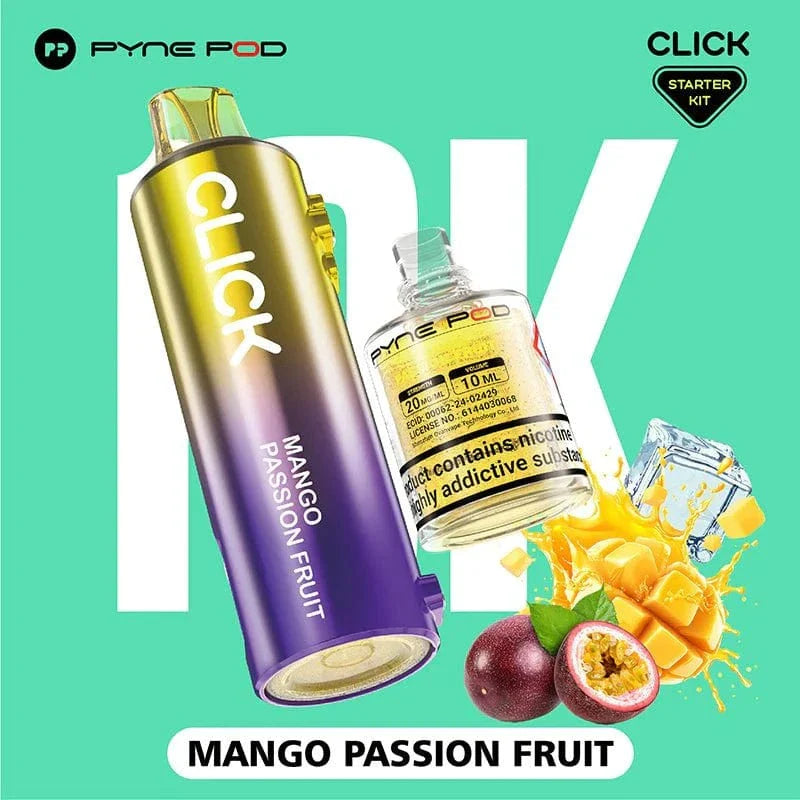 Pyne Pod Click starter kit with mango passion fruit flavor on a green background