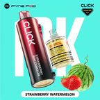 Pyne Pod Click Strawberry Watermelon vape starter kit with strawberry and watermelon graphics on a light blue background.