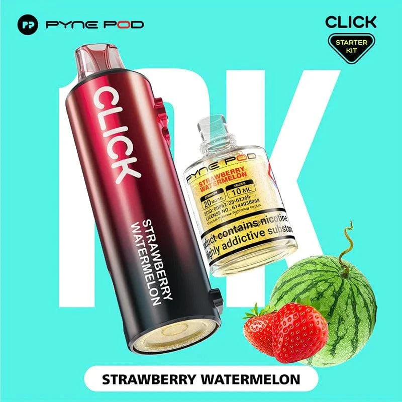 Pyne Pod Click Strawberry Watermelon vape starter kit with strawberry and watermelon graphics on a light blue background.