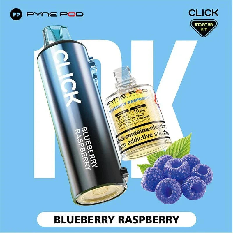 Pyne Pod Click vape starter kit with blueberry raspberry flavor on a light blue background