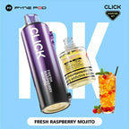 Pyne Pod Click vape device and Fresh Raspberry Mojito flavor bottle on a light blue background
