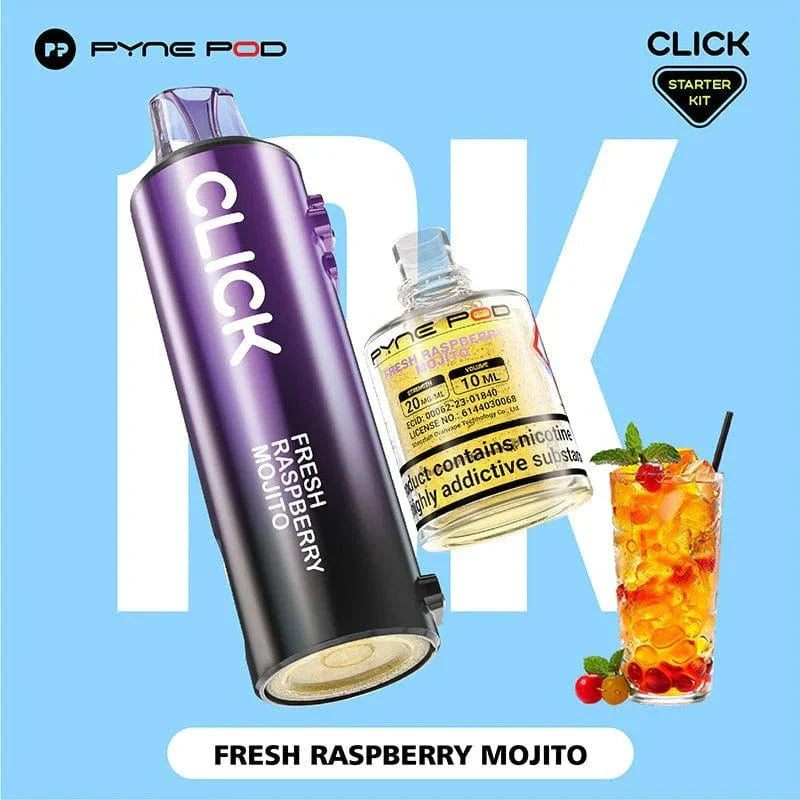 Pyne Pod Click vape device and Fresh Raspberry Mojito flavor bottle on a light blue background