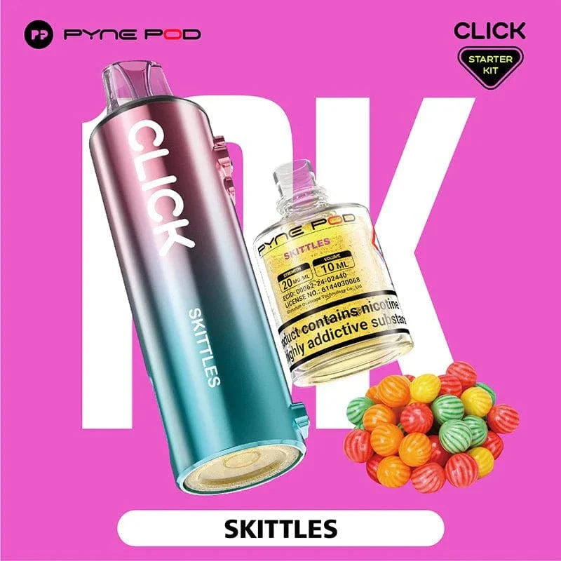 Vape device and bottle labeled 'Click' with Skittles flavor on a pink background
