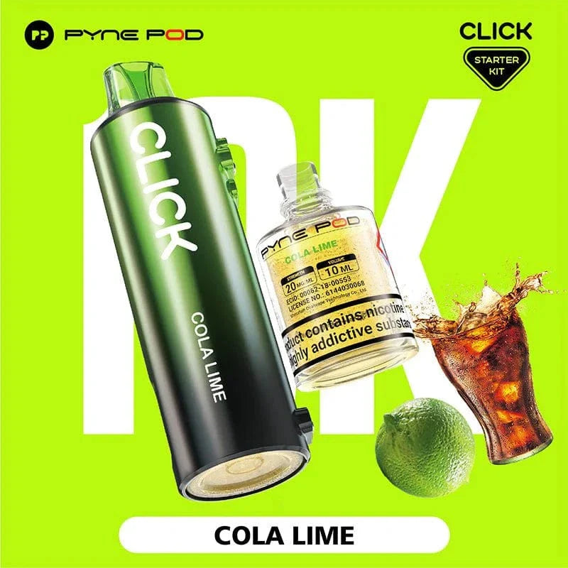 Pyne Pod Click Cola Lime vape starter kit with lime and cola on a green background