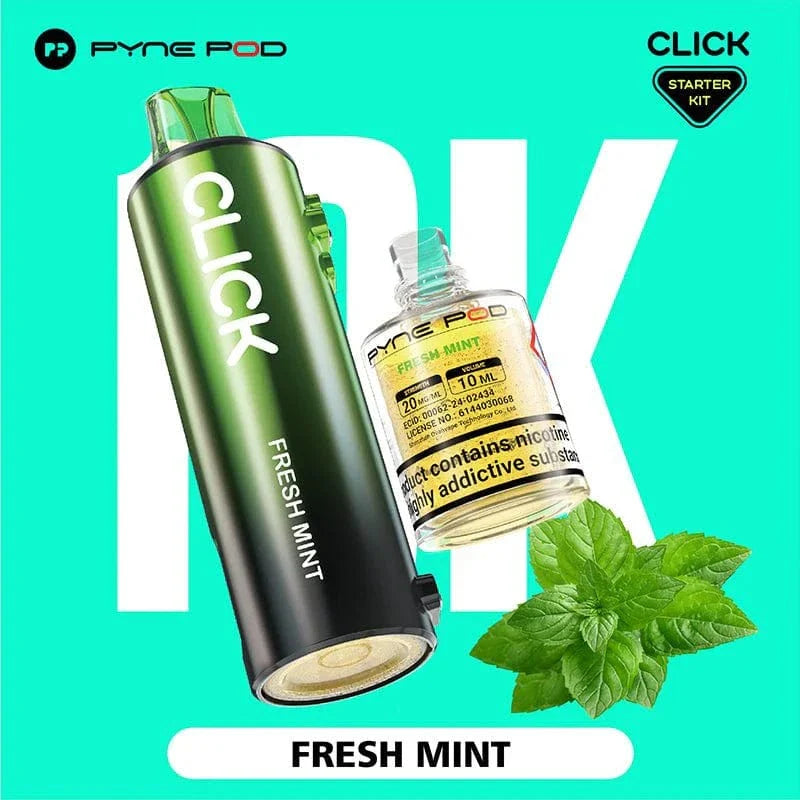 Pyne Pod Click Fresh Mint vape starter kit with mint leaves on a teal background