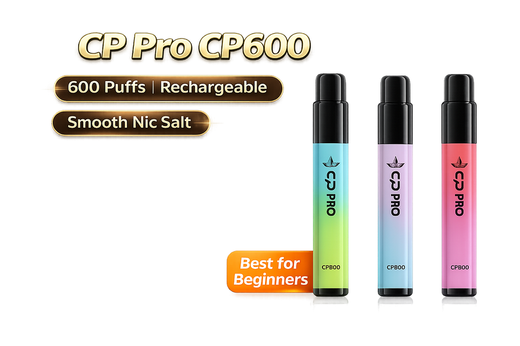 Three CP Pro CP600 vape devices with gradient colors on a white background.