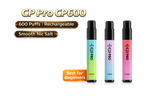 Three CP Pro CP600 vape devices with gradient colors on a white background.