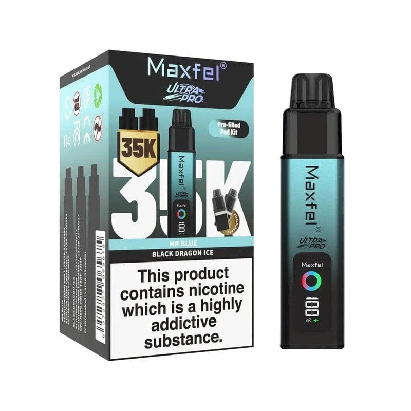Maxfel vape device and packaging on a white background