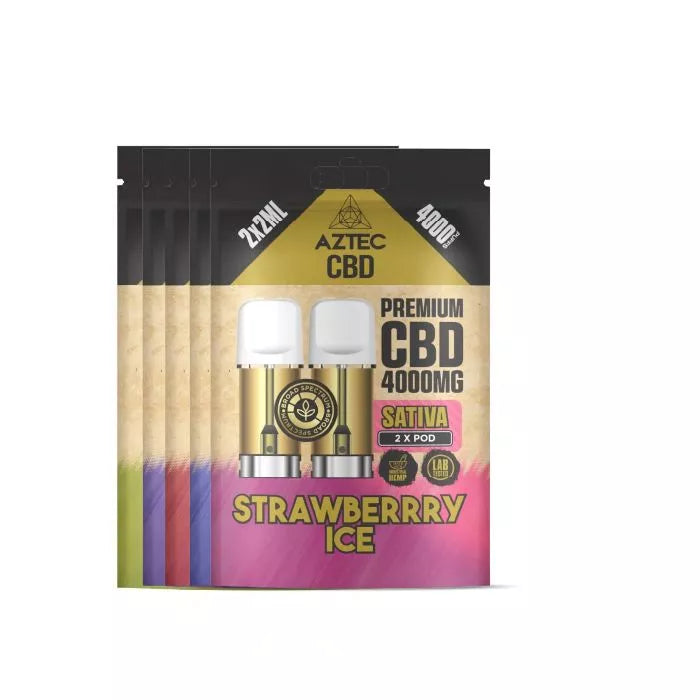 Aztec CBD strawberry ice vape pod packaging on a white background