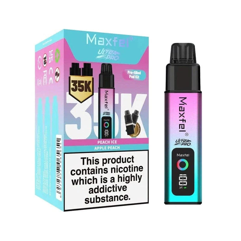 Maxfeel vape device and packaging on a white background