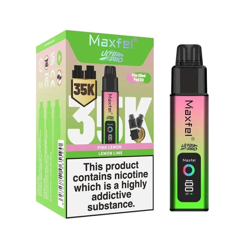 Maxfel vape device and packaging on a white background