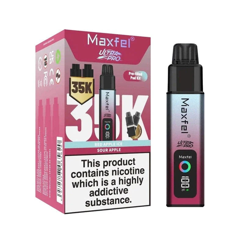 Maxfel vape device and packaging with nicotine warning on a white background