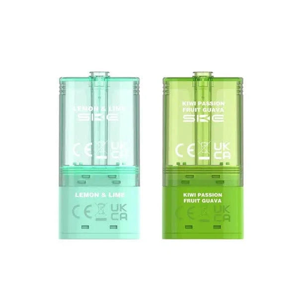 Two transparent vape pods with text indicating flavor and branding on a white background