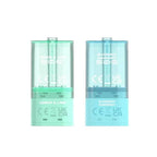 Two transparent teal vape pods with branding on a white background