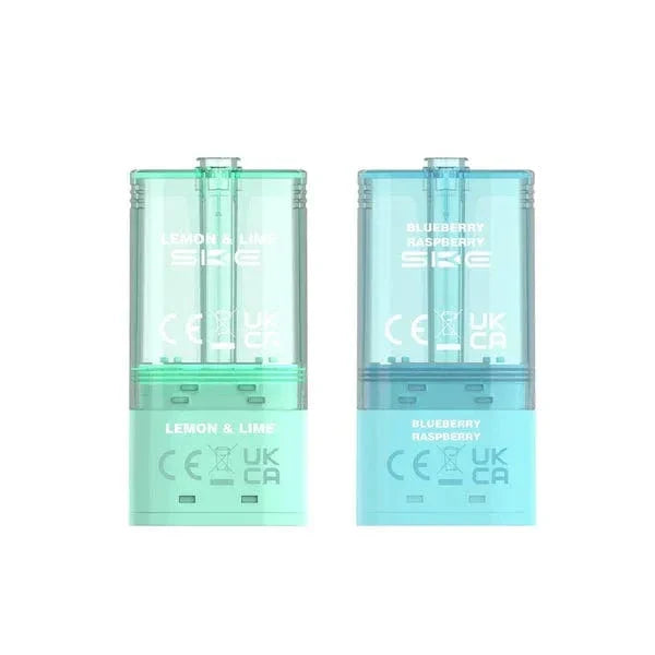 Two transparent teal vape pods with branding on a white background