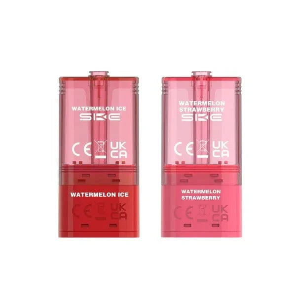 Two red SKE vape pods with 'Watermelon Ice' and 'Watermelon Strawberry' text on a white background.