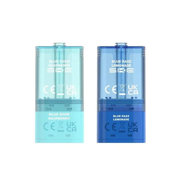 Two blue vape devices with 'SKE' branding on a white background