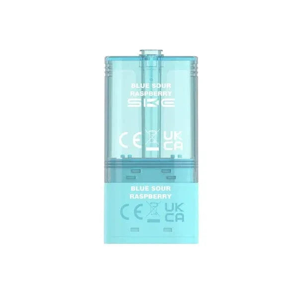 Clear blue vape device with branding and product name on a white background