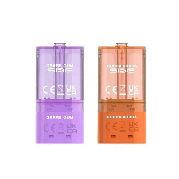 Two vape pods, one purple and one orange, with 'SKE' branding on a white background.