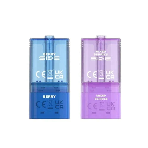 Two SKE vape pods, one blue and one purple, on a white background.
