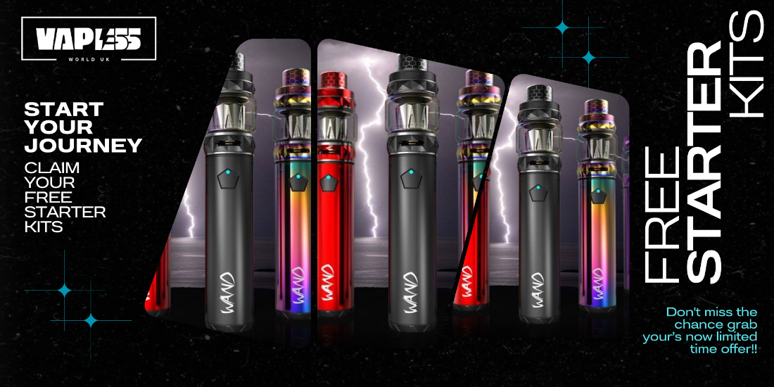 Vaploss vape starter kits displayed with promotional text on a dark background